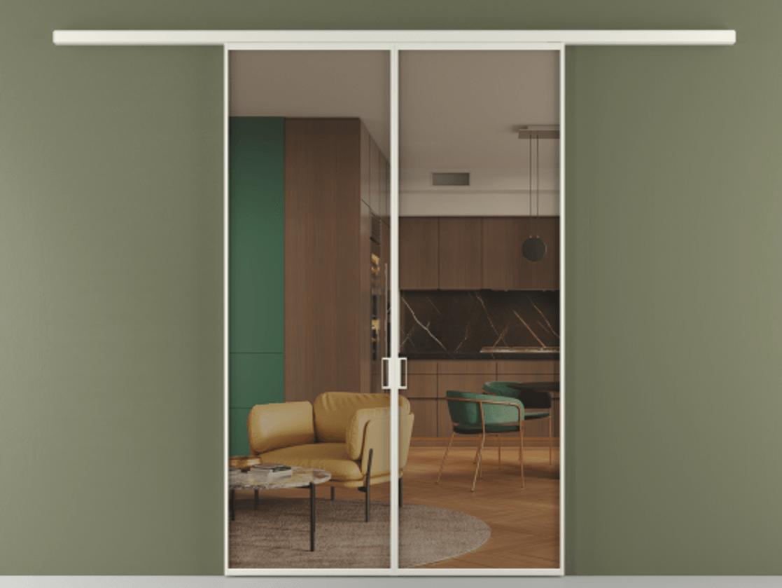 Перегородка Формато вдоль стены 2 створки АЛПР 040.01 Алюминий Белый Прозрачное бронзовое стекло, триплекс Цена 186780 ₽ | Volhovec