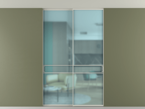 Алюминевая перегородка vn2_02 Алюминий тёплый серый Сатинированное голубое стекло, триплекс, 6мм. Цвет Алюминий тёплый серый. Материал Алюминий в эмали. Коллекция Перегородка Формато внутри проёма скрытое крепление в потолок 2 створки. Картинка.